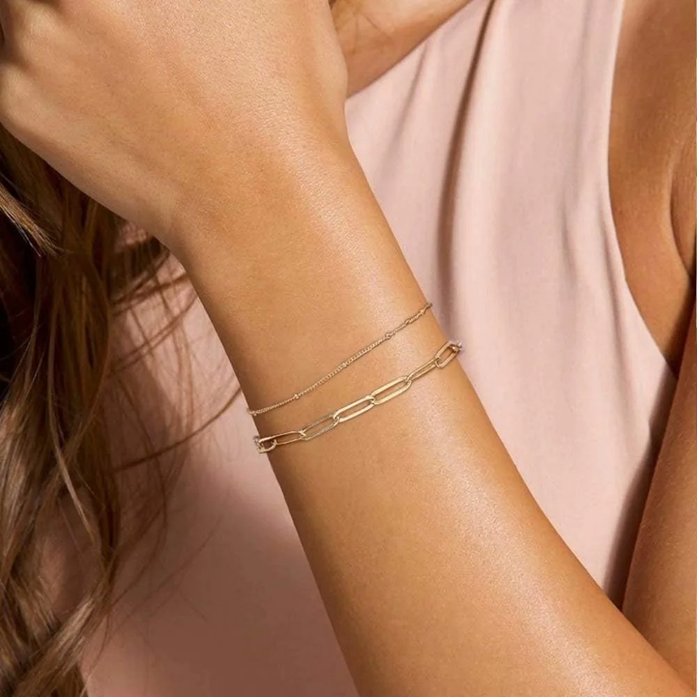 Elegant 14K Gold Plated Chain Bracelet Set